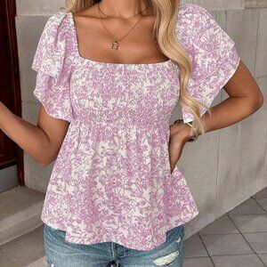 Pink Boho Women's Casual Floral Print Ruffle Hem Shirt